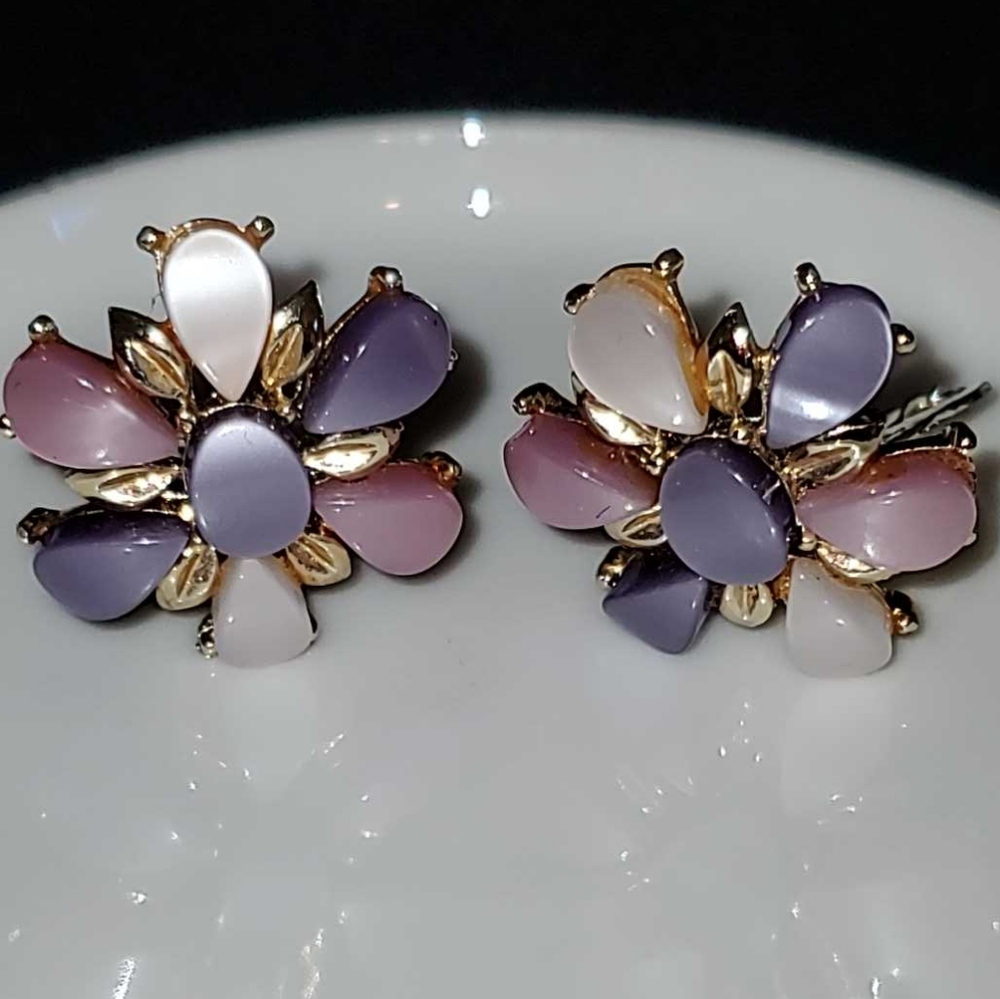 Floral Clip-on Earrings in Purple and Pink with Opal-like Stones